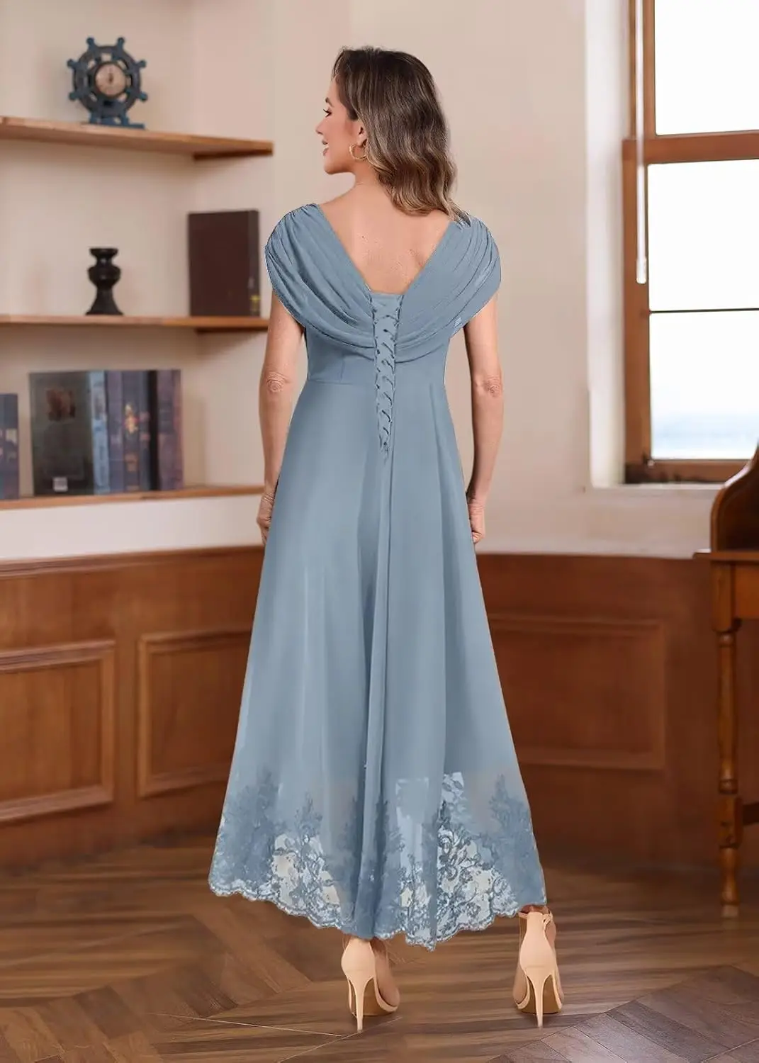 فساتين أم العروس بأكمام قصيرة على شكل حرف A للنساء فستان سهرة رسمي من الشيفون مزين بالدانتيل