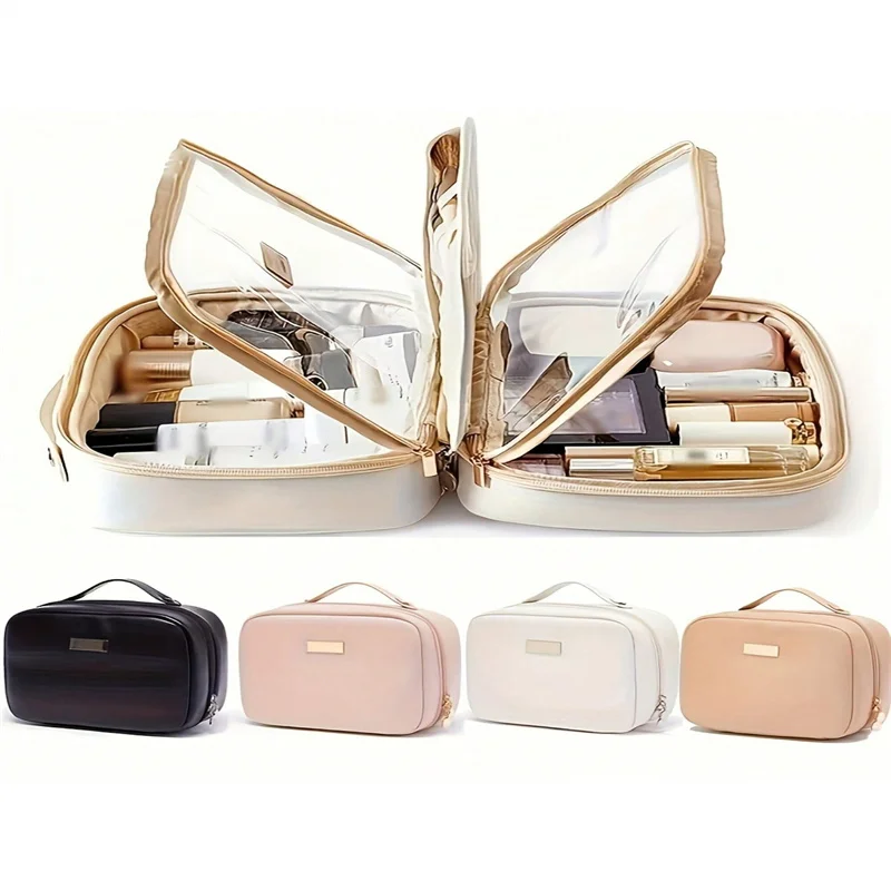 Elegant Travel Makeup Organizer - Spacious PU Leather Bag with Detachable Brush Holder, Clear Compartments, and Secure Zipper