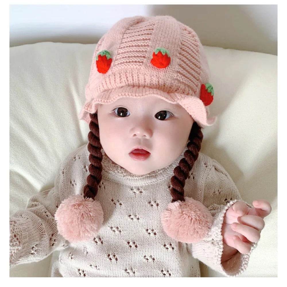 

Cute Baby Hat Autumn Winter Warm Ear Protection Cotton Knitted Wig Braids Baby Caps Windproof Thickening Earflap Hats Bonnet