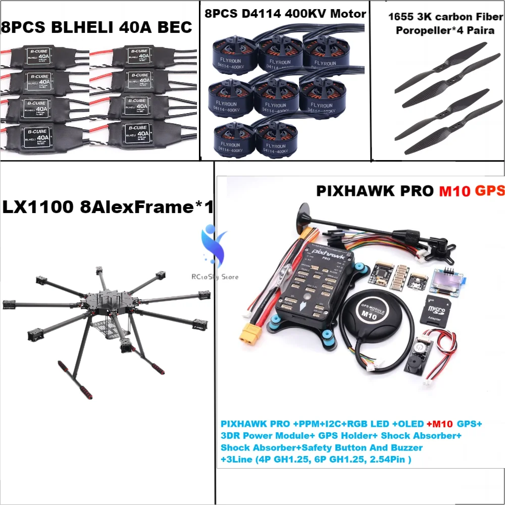 LX1100 Full Carbon Fiber 1100mm Octa-Rotor Frame BLHELI 40A ESC PX4 Pixhawk PRO M10 Flight Comtrol Set D4114 Motor