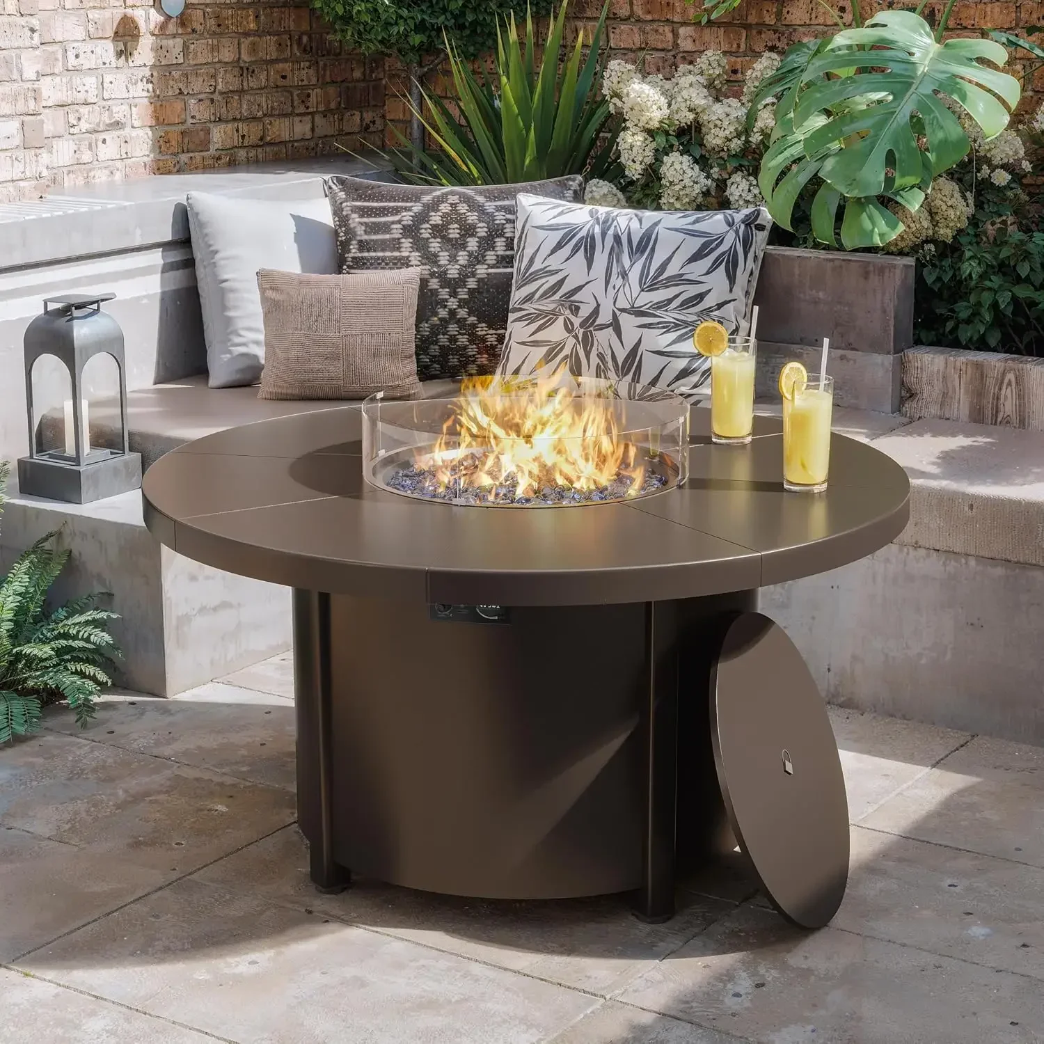 US Shipping Round Gas Fire Pit Table 48in, 40000 BTU Outdoor Propane Fire Pit with Round Metal Tabletop, Adjustable Flame,Windsh