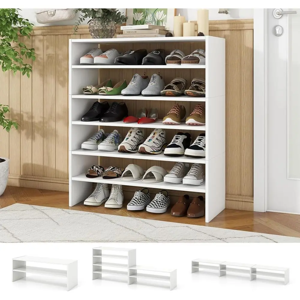 

kula 6-Tier Stackble Shoe Rack or Closet, Space Saving Wooden Shoe Storage Shel or 18 Pairs, 3-in-1 Adjustable White Shoe Organi