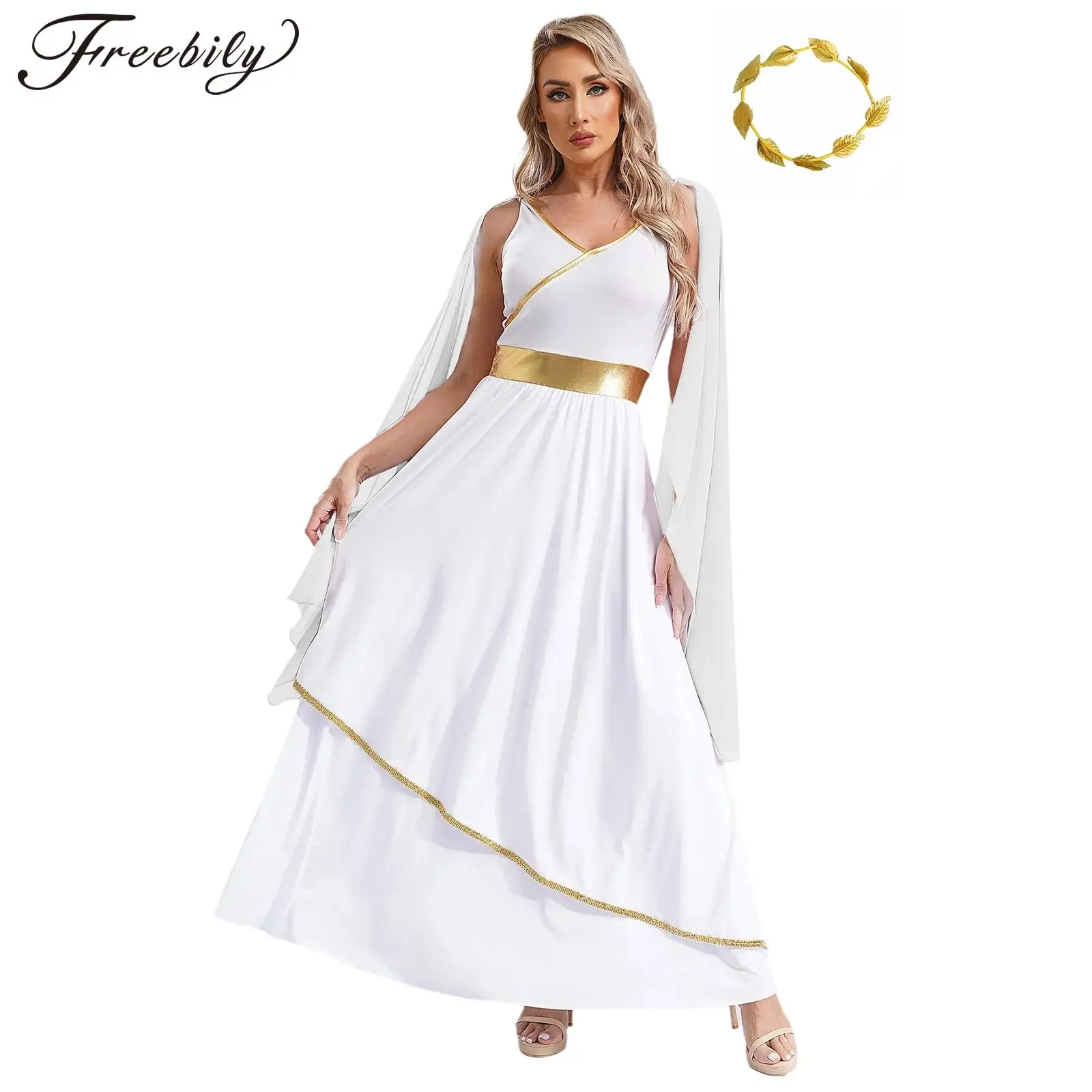 Womens Role Play Greece Gown Cosplay Ancient Greek Roman Queen Costumes Gold Trims Toga Dress Femme Praise Dance Worship Robe