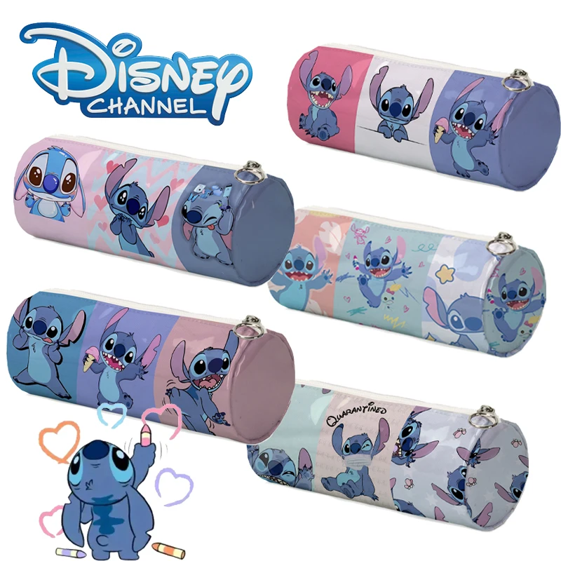 Disney Stitch Cylindrical Pencil Cases for Students Anime Figures Lilo & Stitch Pen Bags Large Capacity Stationery Storage Bag