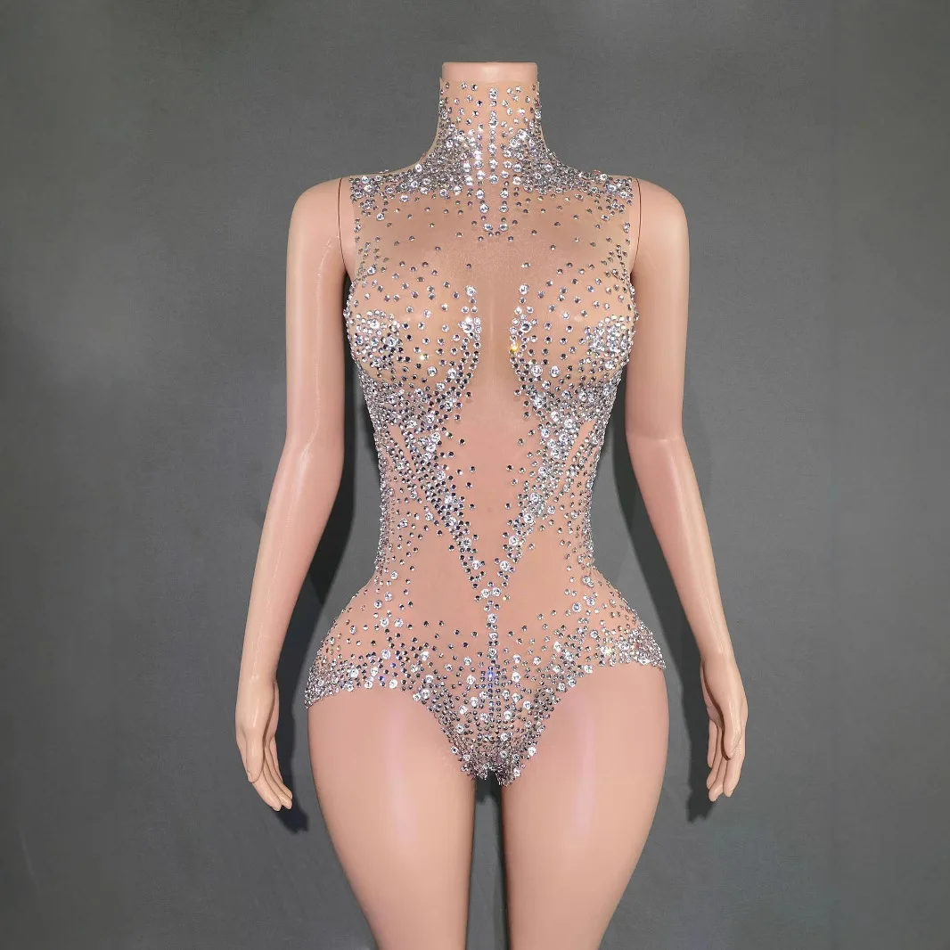 

Sexy Nightclub Bar Stage DJ Costume Shiny Rhinestone Jumpsuit Hot Diamond Vestido Dorado Entallado Vestidos De Fiesta Graduación