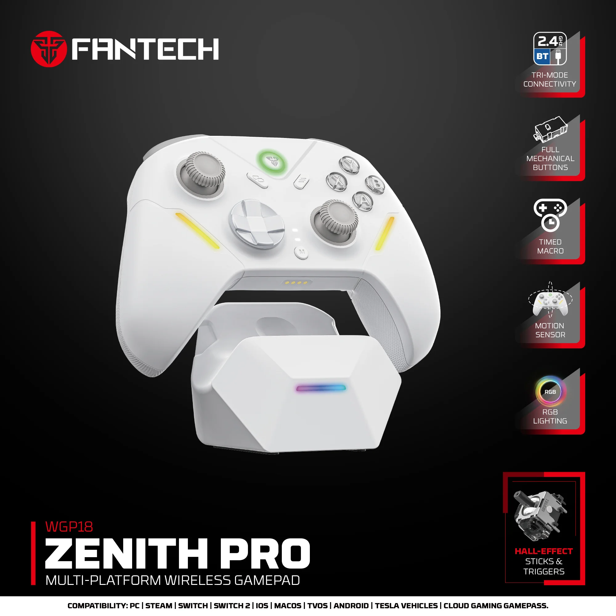 Control de Juego Inalámbrico FANTECH ZENITH PRO WGP18, 8 Horas de Uso, RGB y Sensor Giroscópico Integrado, Interruptor Mecánico, Control de Juego con Cable