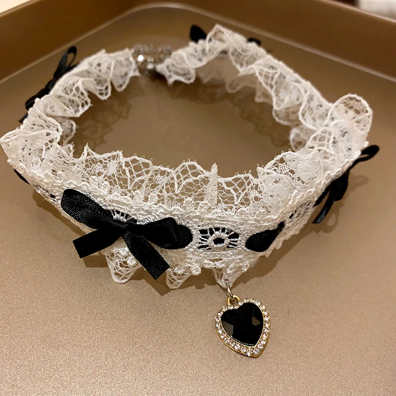 Pink And Black Bowknot Lace Mesh Rhinestones Eternal Flower Imitation Pearl Chokers Necklaces Women New Collarbone Jewelry K-