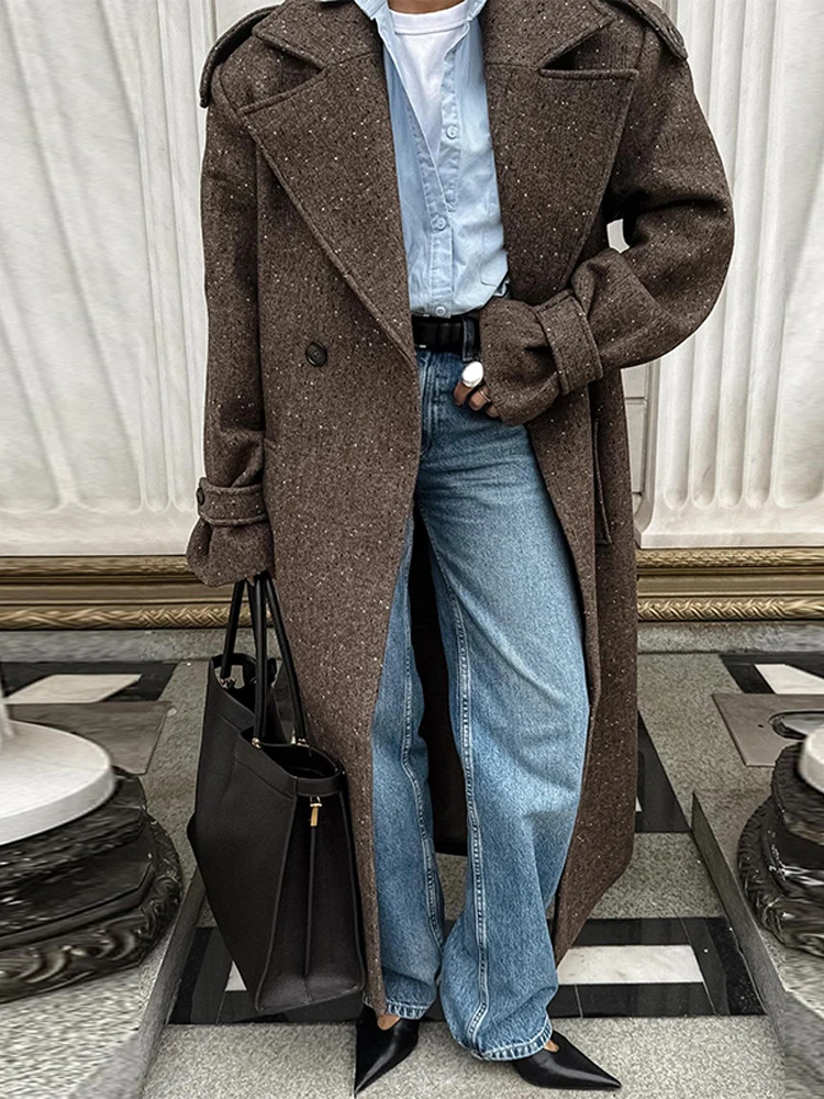 Elegant Lace Up Overcoats Women Double-breasted Wool Long Coats With Pockets 2025 High Street Fashion Autumn Winter Outerwears