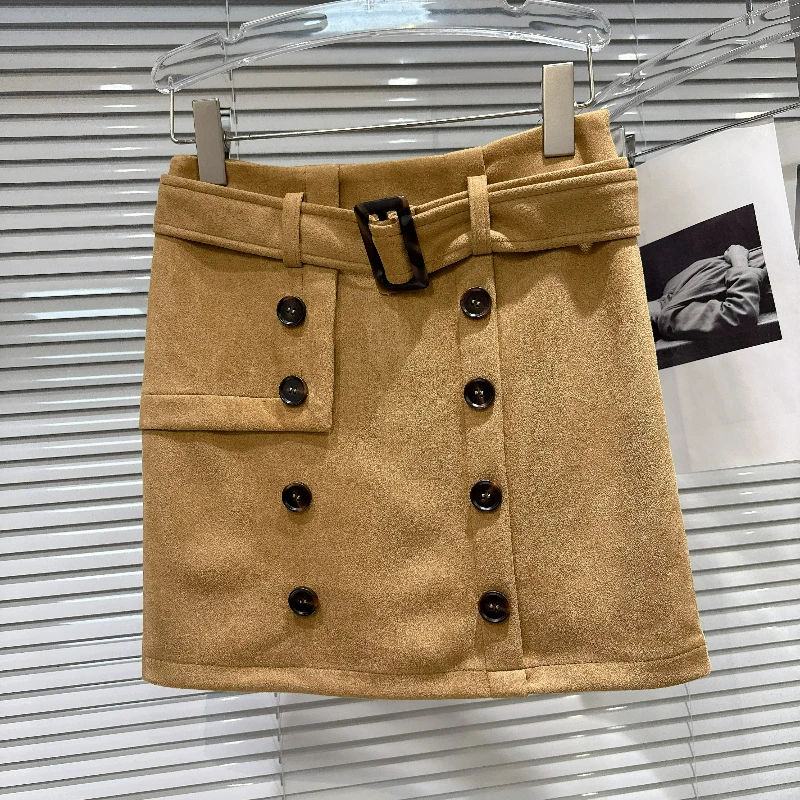 Women's Retro British Style Short Skirt Autumn New Solid Color Double-breasted Buckle Belt Velvet A-line Short Skirts Ladies
