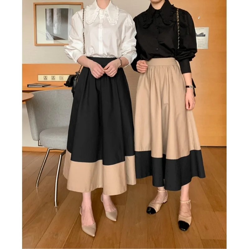 Elegant Collared Shirt Color Block High Waist A-Line Skirt Polyester Fiber Commute City Style Lady Fashion Trend Autumn Colle...