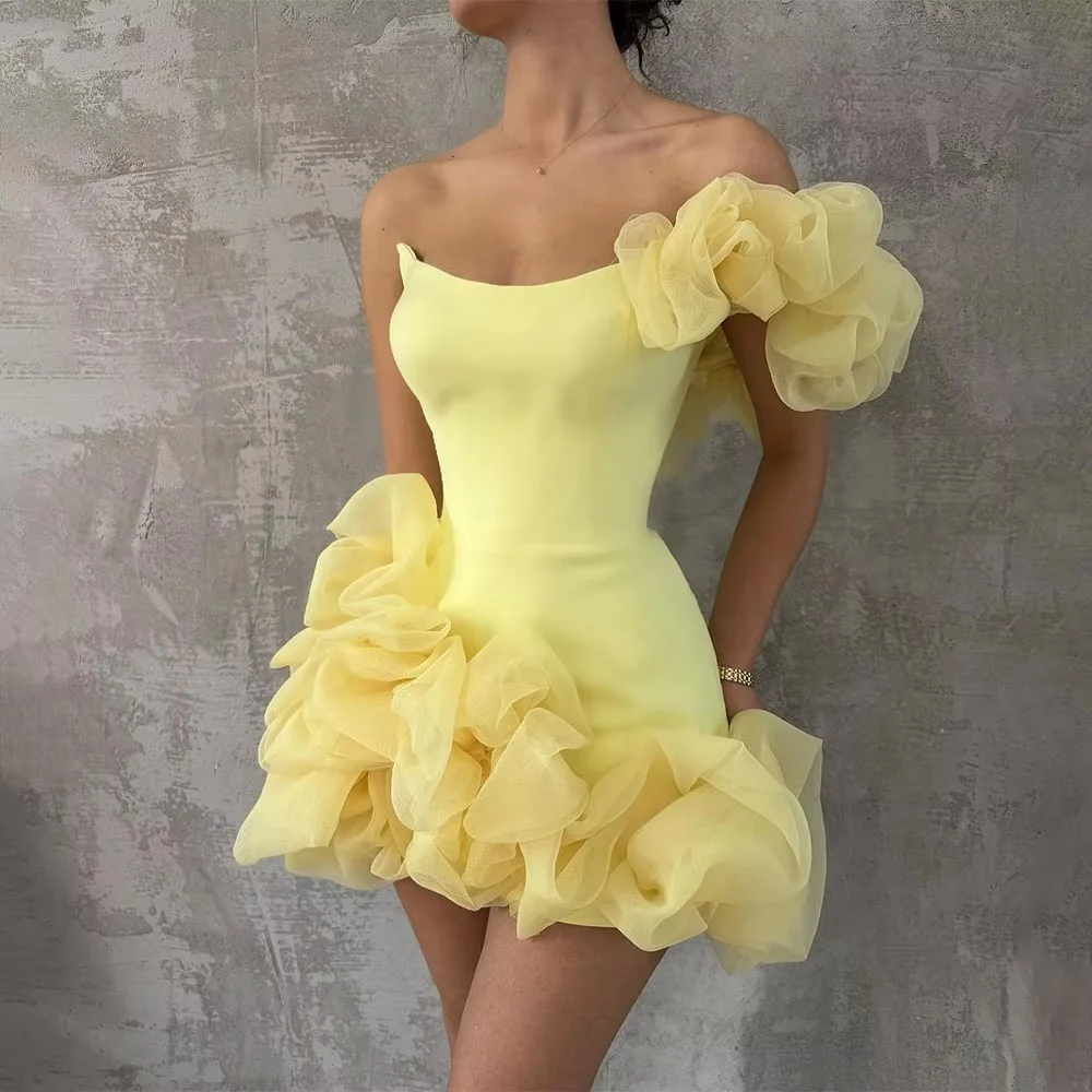 

One Shoulder Yellow Short Homecoming Dresses Hand Made Ruffles Sexy Mini cocktail Party Dresses junior Prom Dresses