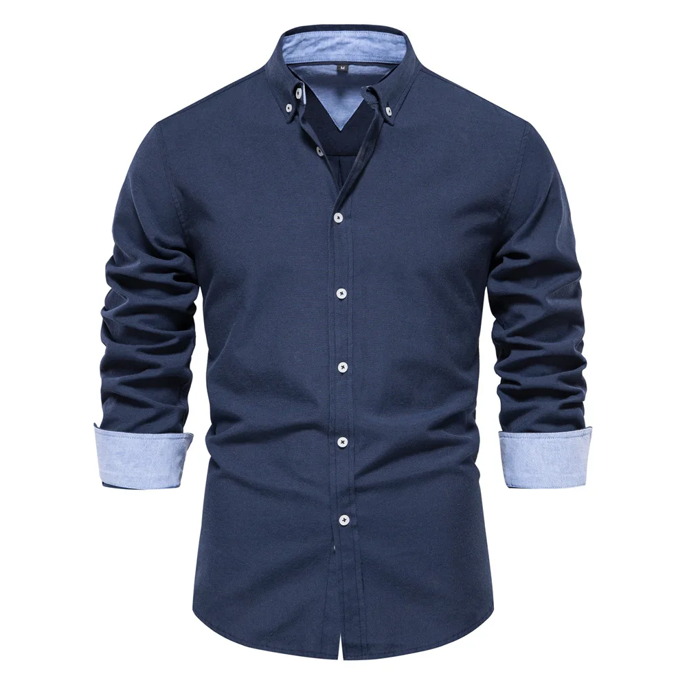 New Oxford Shirts for Men Long Sleeve 70% Cotton Solid Color Social Men\'s ShirtsTurn-down Collar Single-Breasted Blouse Black