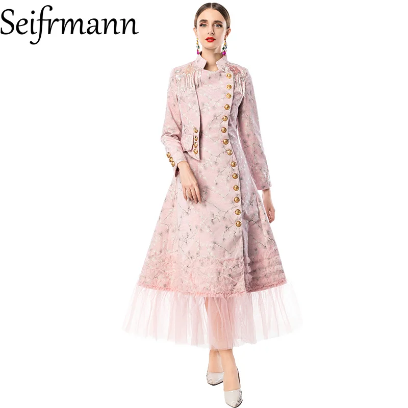 Sukienka Seifrmann 2026 Wiosna Damska Nowa Modna Stójka Długi Rękaw Nadruk Łączona Koronka Temperamentna Sukienka z Podkreśloną Talia