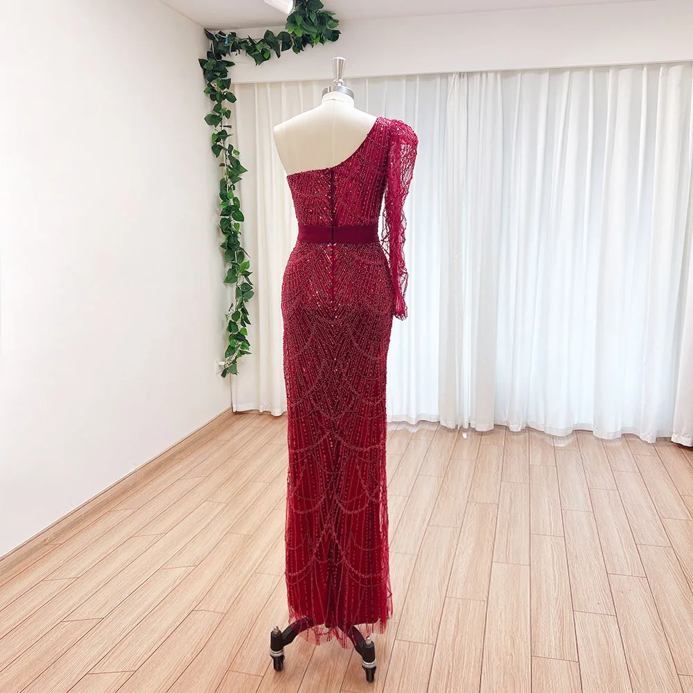 Luxury Dubai Pearls Mermaid Evening Dress for Women 2024 One Shoulder Long Sleeves Side Slit Formal Prom Wedding Party Gowns