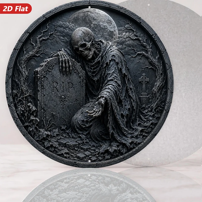 CIFBUY Gothic Revenge RIP Tombstone Skull Aluminum Wall Art Waterproof Wear Resistant Round for Dining Room Workspace Corner Hom