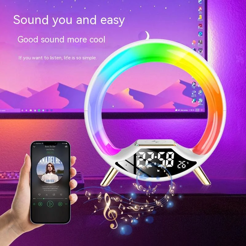 

O Led Lamp 4 In 1Wireless Charger With Bluetooth Speaker Atmosphere Lamp With Clock App Control Home Decoration Bedside Lamps