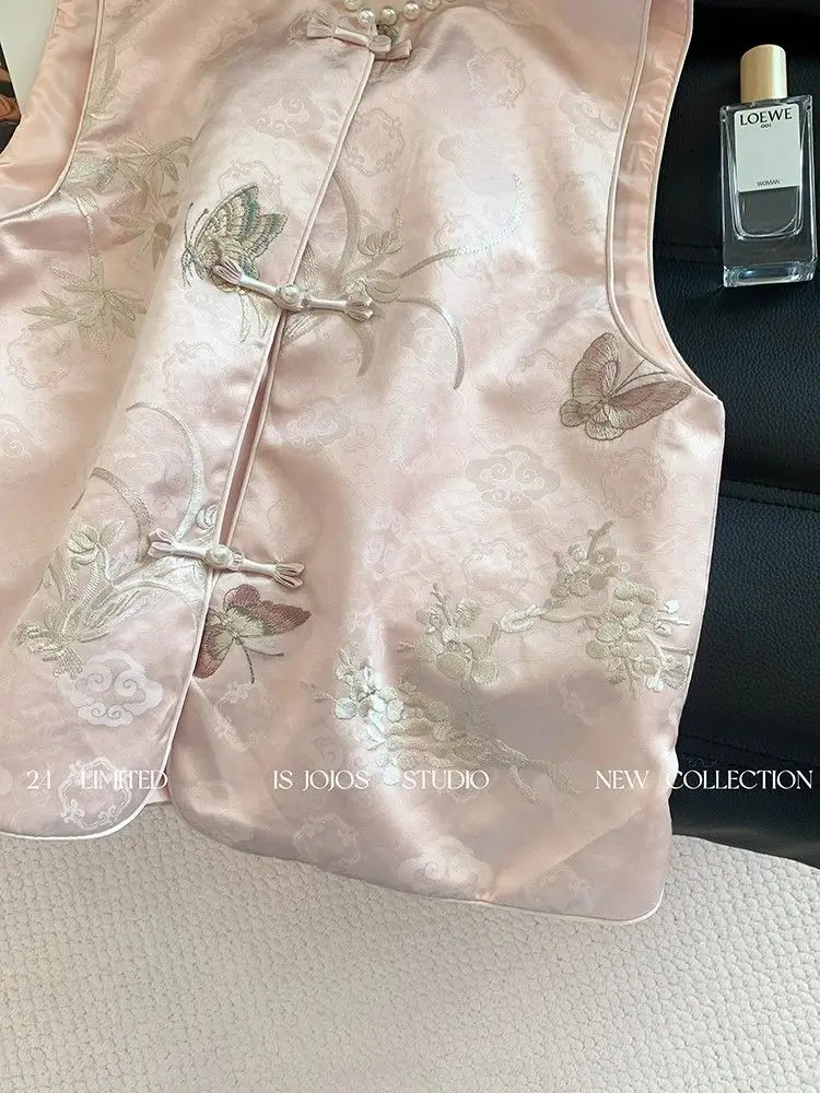 플로럴 자수 새틴 실크 베스트 여성 민소매 빈티지 탑 중국풍 레트로 버클 탑