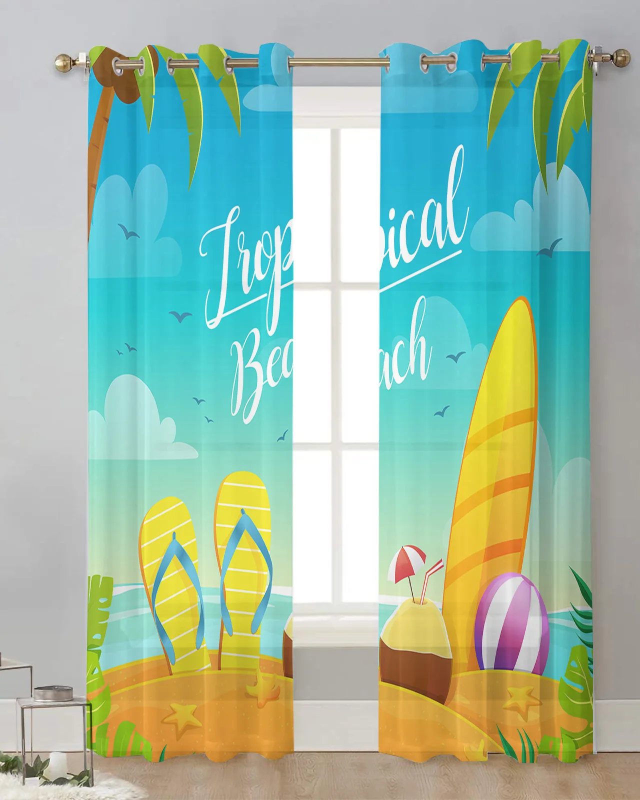 Beach Surfboard Palm Tree Travel Vacation Tulle Curtains Living Room Sheer Curtains Kitchen Drapes Modern Bedroom Voile Curtain