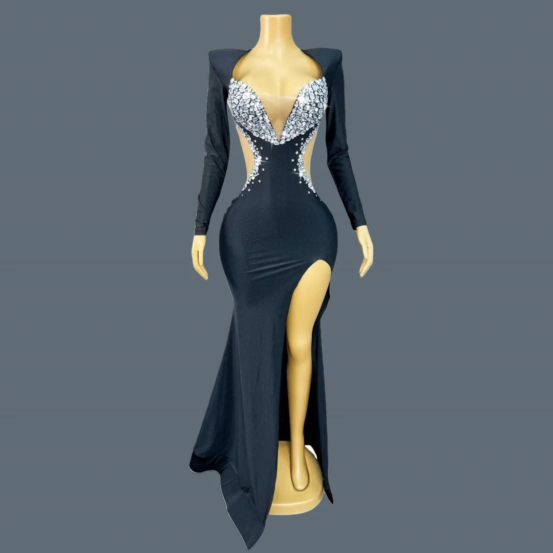 

Black Spandex Tight Fitting Mermaid Evening Dress Sexy Women Low-cut Long Dress High Side Slits Dress Gala Prom Red Carpet Wuyu