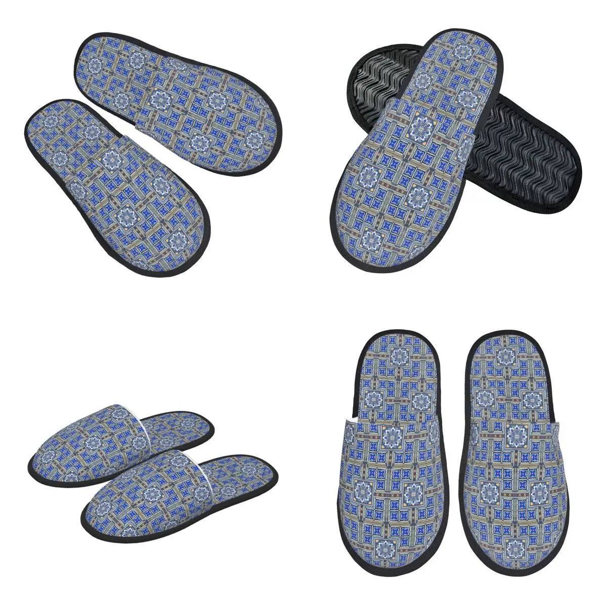 Custom Blue Portuguese Azulejos On Wood Slippers Memory Foam Warm Soft Women House Slipper Bedroom Comfy Shoes