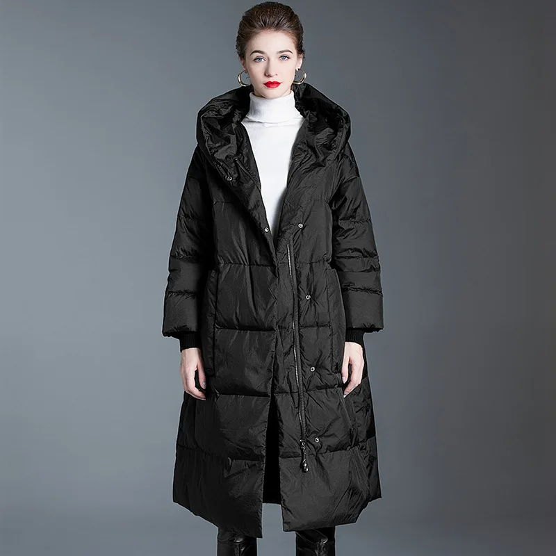 Luxo de alta qualidade acolchoado jaqueta quente inverno feminino puffer jaqueta longo pato branco para baixo trench coat tendência casaco com capuz