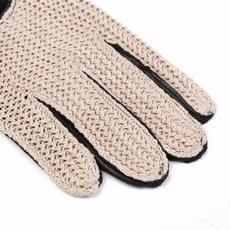 Knitted Deerskin Gloves Male Retro Breathable Weave Spring Autumn Anti-Slip Equestrianism Men Real Leather Gloves LSH02