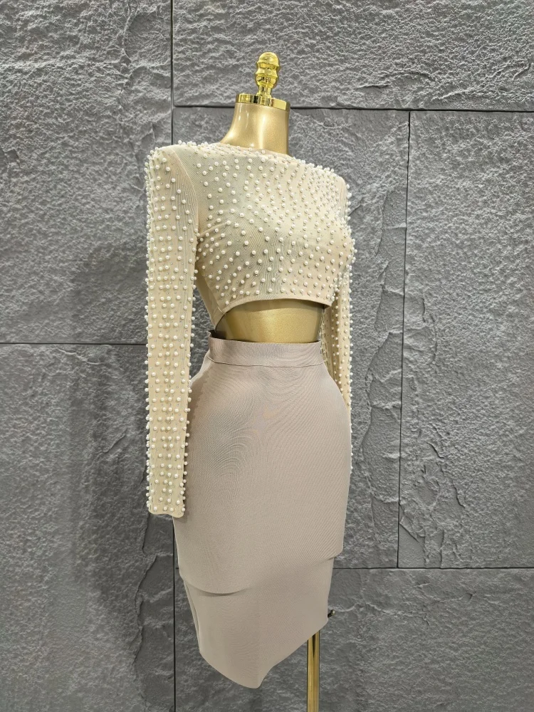 Haute qualité femmes à manches longues Sexy perles 2 pièces moulante pansement Mini robe discothèque fête célébrer tenue de mode