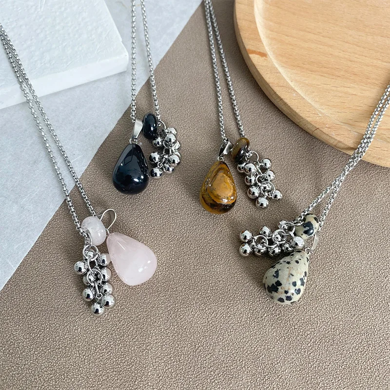 

2026 Ins Influencer Stainless Steel Long Chain Necklaces Natural Tiger's Eye/Dalmatian Stone/Pink Crystal/Agate Grape Pendants