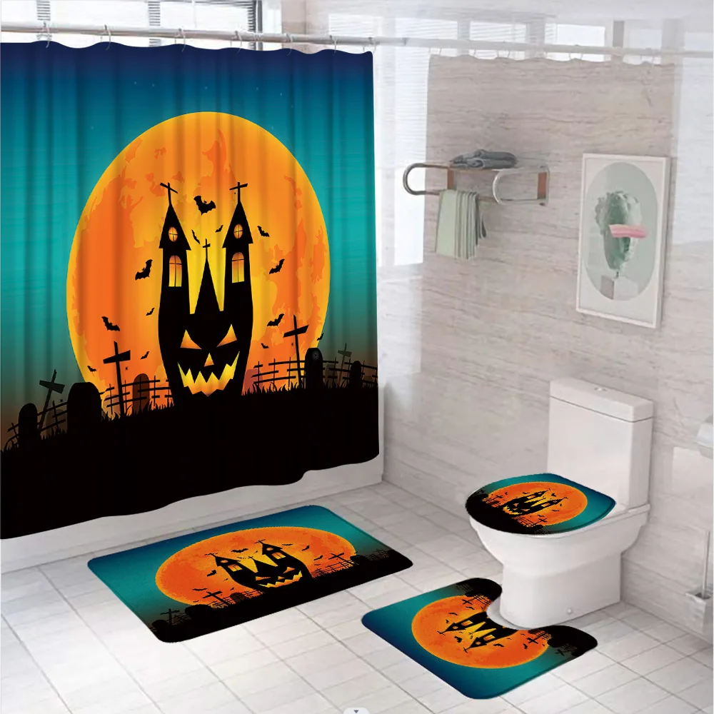 

Halloween Scary Castle Pumpkins Shower Curtain Set Full Moon Night Bat Bathroom Curtains Non-Slip Bath Mats Rug Lid Toilet Cover