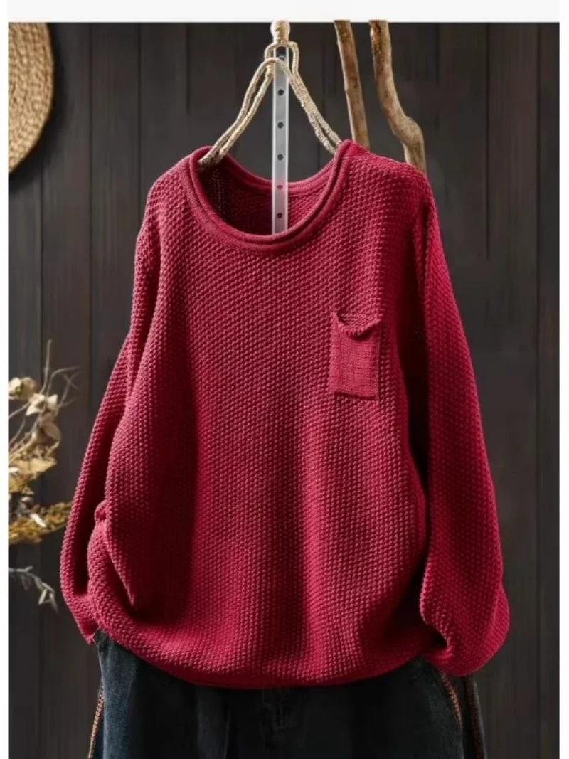 

2025 New Early Autumn Cotton Knit Sweater Top For Women, Loose And Casual Versatile Round Neck Long Sleeved Pullover w1238