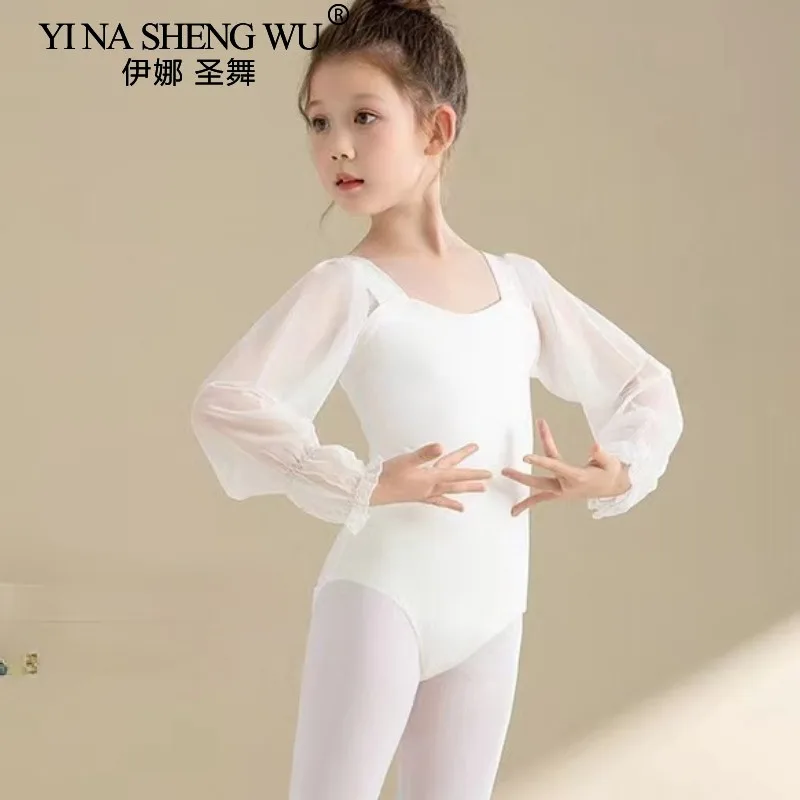 ربيع لطيف الطفل طفل الباليه طويلة الأكمام يوتار Dancewear شبكة كم الأبيض رياضة الرقص ارتداءها القمم الفتيات راقصة ازياء #1