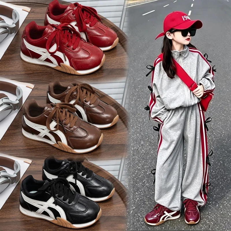 2026 New Cute Toddler Girls Retro Sneakers Faux Leather Lace Up Non Slip Classic Running Shoes for Daily School Outdoor Wear