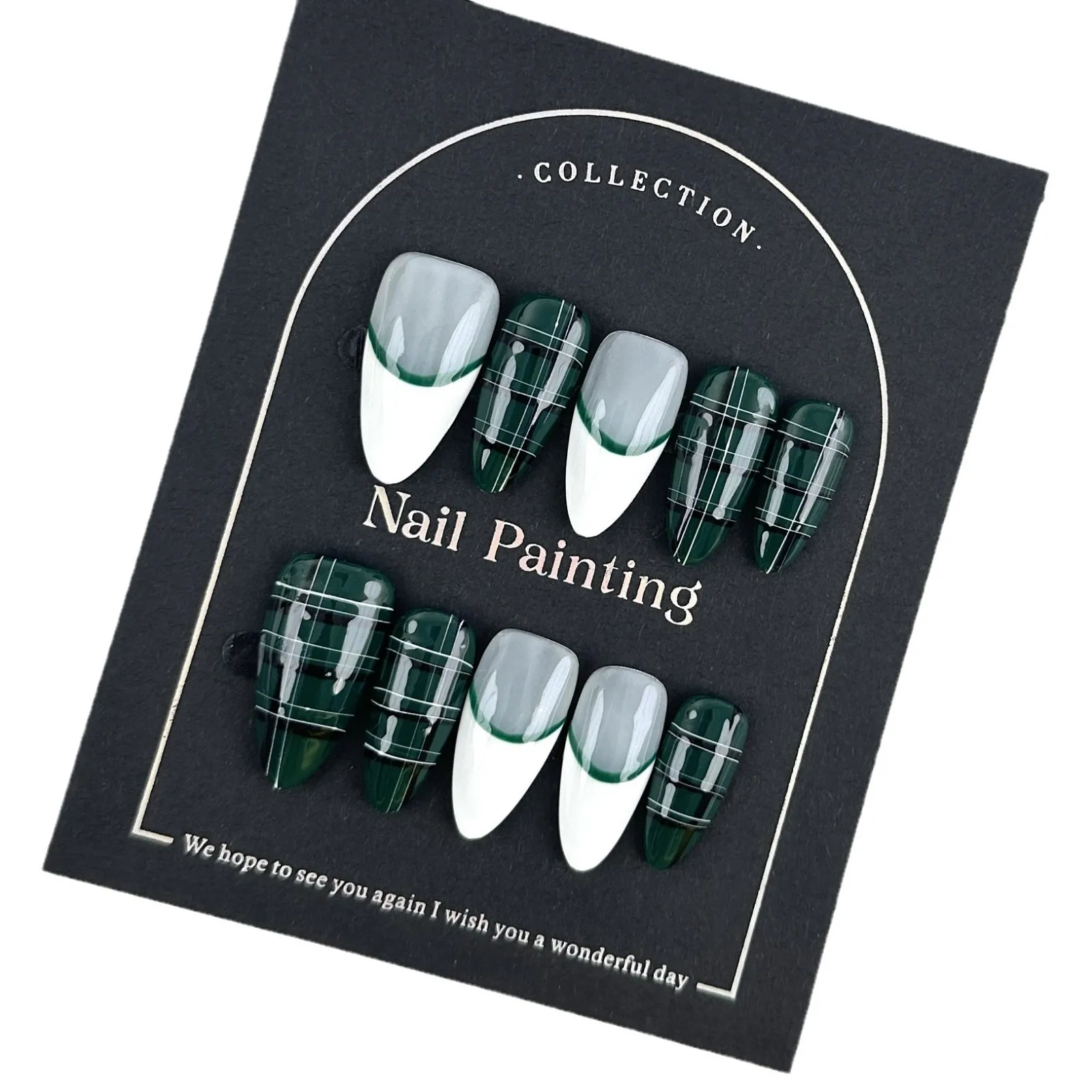 

10pcs Handmade Press on Nails Scottish Plaid Dark Green French Manicure False Nail for Women&Girl Removable Wearable Nail Art
