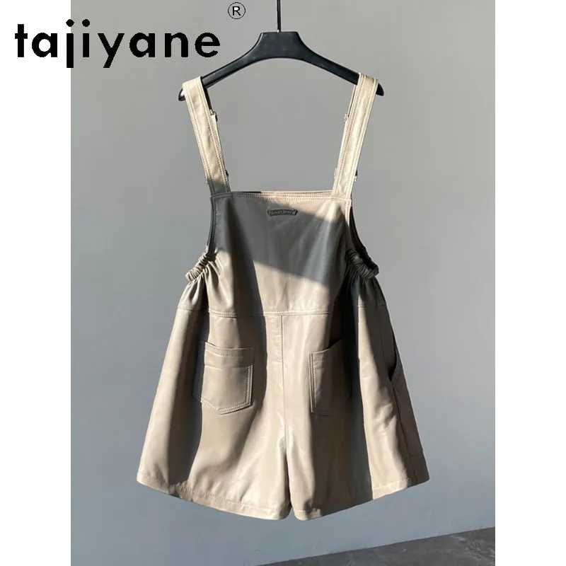 TAJIYANE Sheepskin Women's Shorts Straight Real Leather Shorts Wide Leg Short Pants Suspenders Shorts for Woman Versatile Шорты