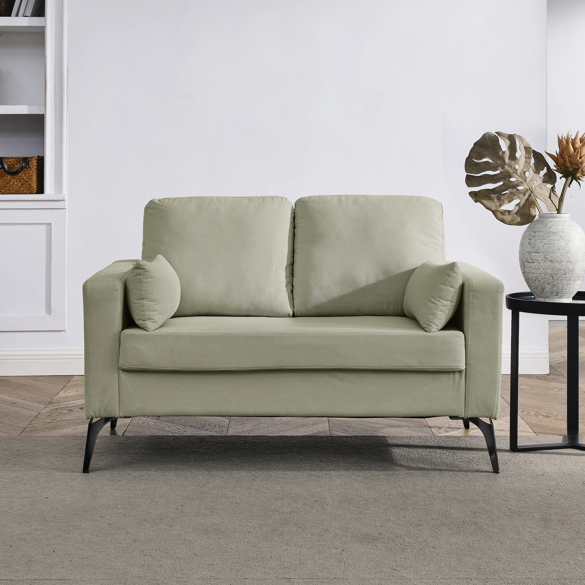 Sofa Loveseat dengan lengan persegi dan punggung ketat-termasuk dua bantal kecil, krem korduroi, untuk ruang tamu