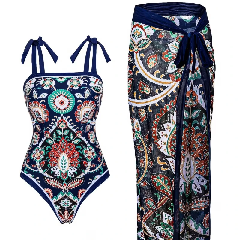Retro Women's 2026 New Bikini Printed Tie Sexy Strap Cover-Up One-Piece Swimsuit Bikini Two-Piece Set