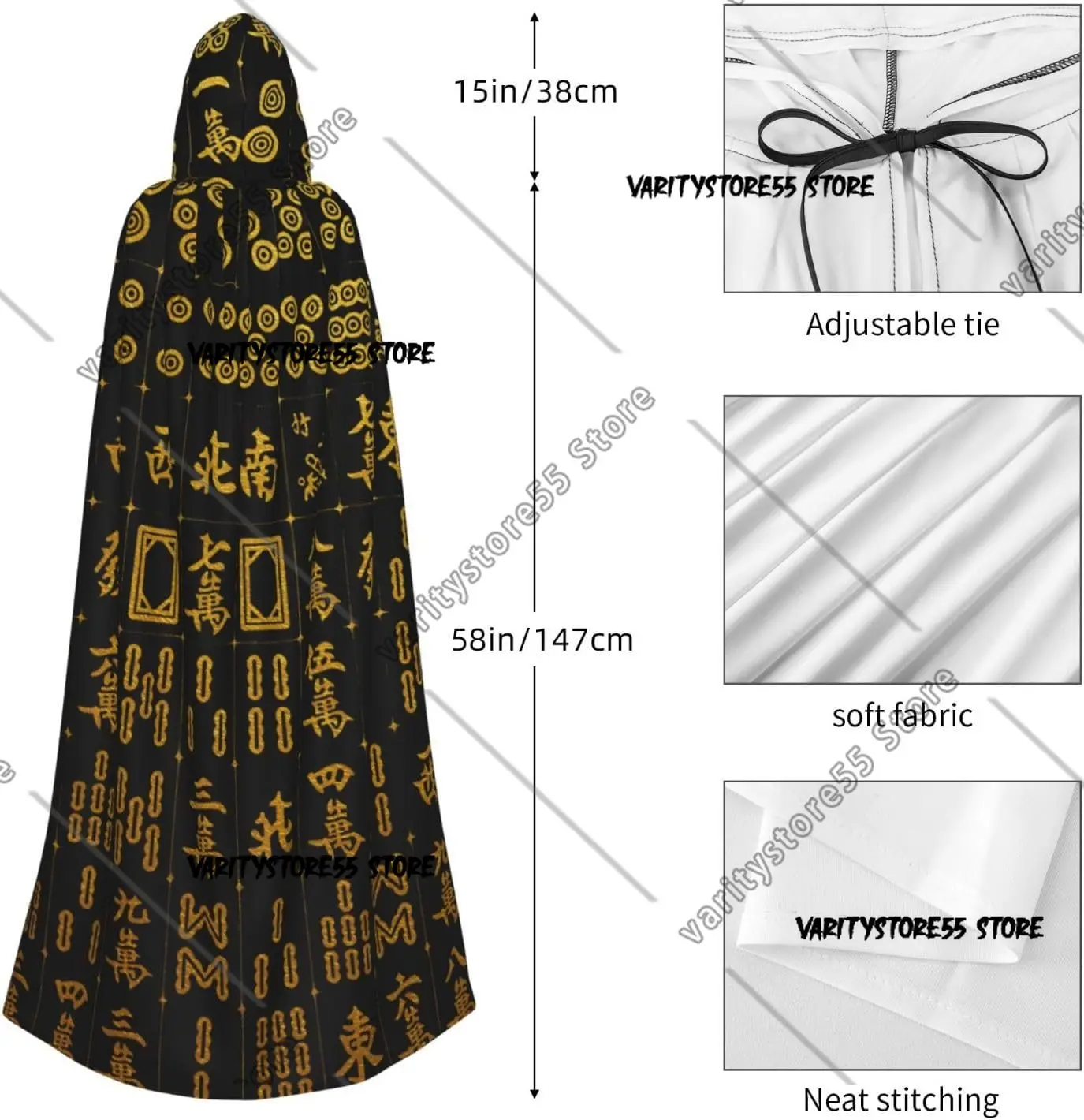 ชุดคลุมฮู้ดแม่มดสีดำวินเทจ โกลเด้น แมห์จง สำหรับผู้ใหญ่ ชุดฮาโลวีน