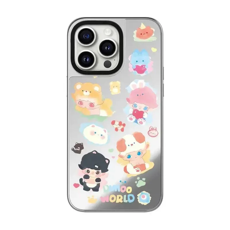 Casing pelindung ponsel iPhone 12 13 15 14 16 Pro Max, casing ponsel cermin pinggiran Perak boneka kartun magnetis, casing pelindung ponsel iPhone 16 Pro Max