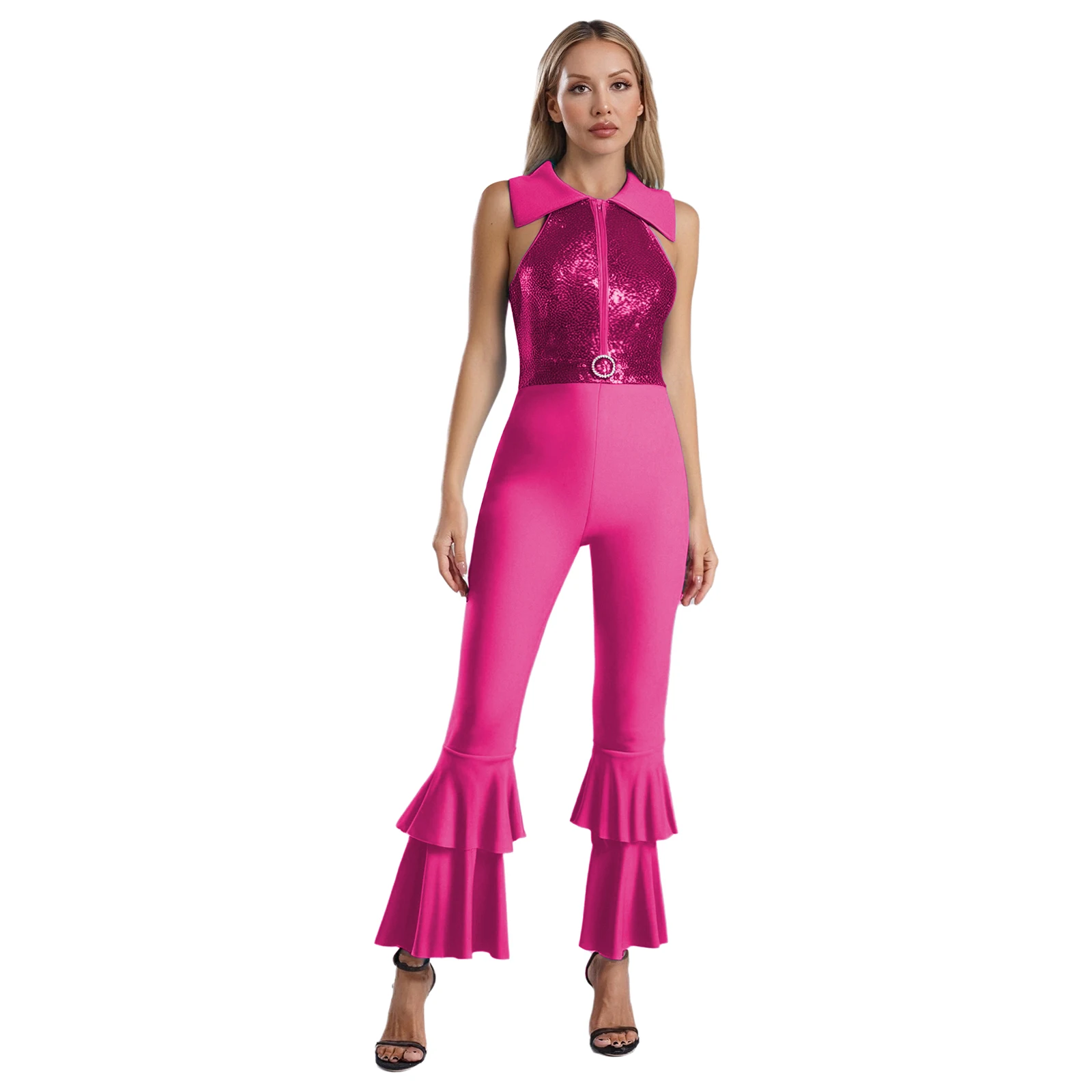 

Womens Sparkling Sequin Rhinestone Jumpsuit Sleeveless Turn-Down Collar Tiered Ruffles Bell-Bottom for Dance Stage Performance