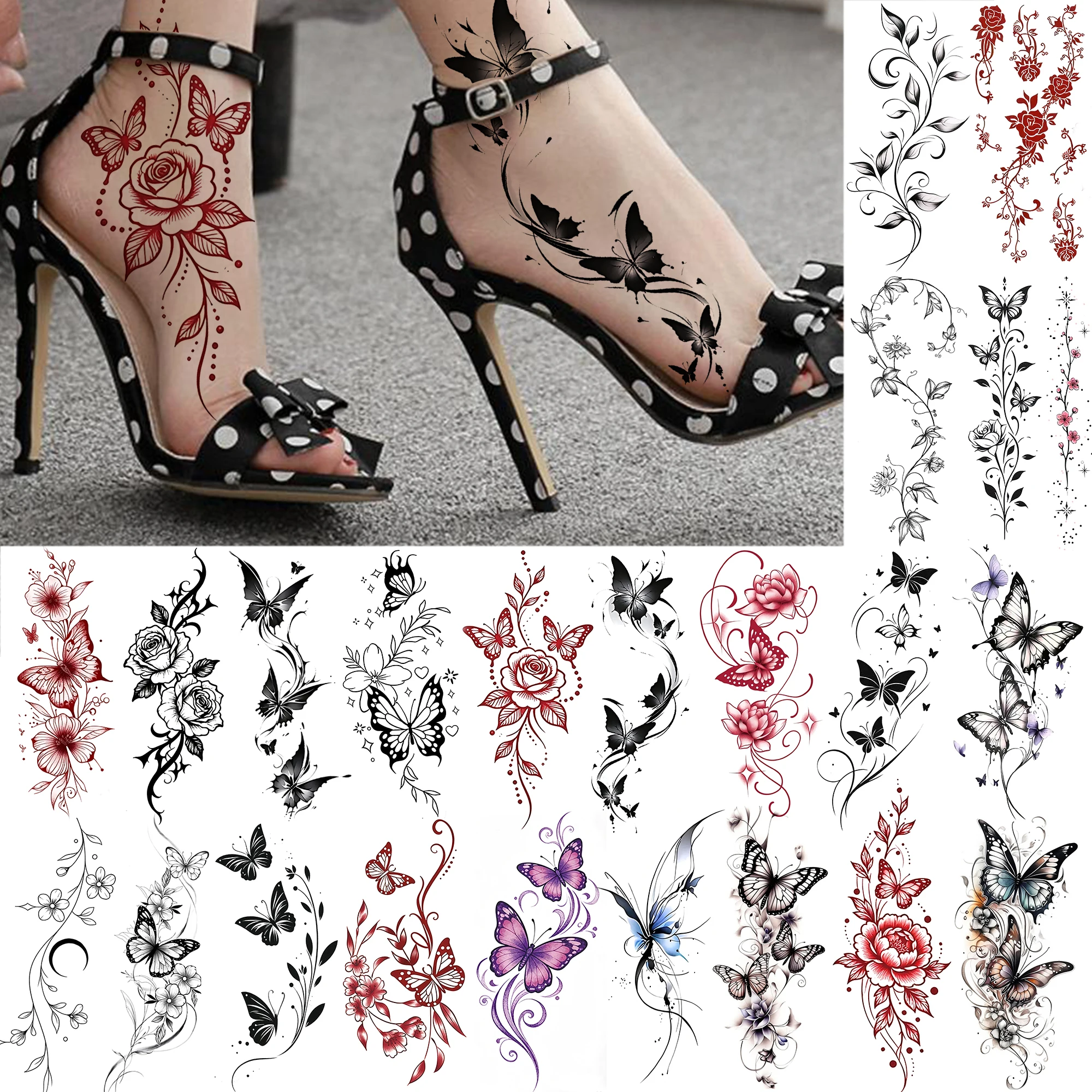 1 Sheet Butterfly Flowers Temporary Tattoos For Women Hands Foot, Fake Tattoo Stickers Waterproof Long Lasting Realistic Tatoos