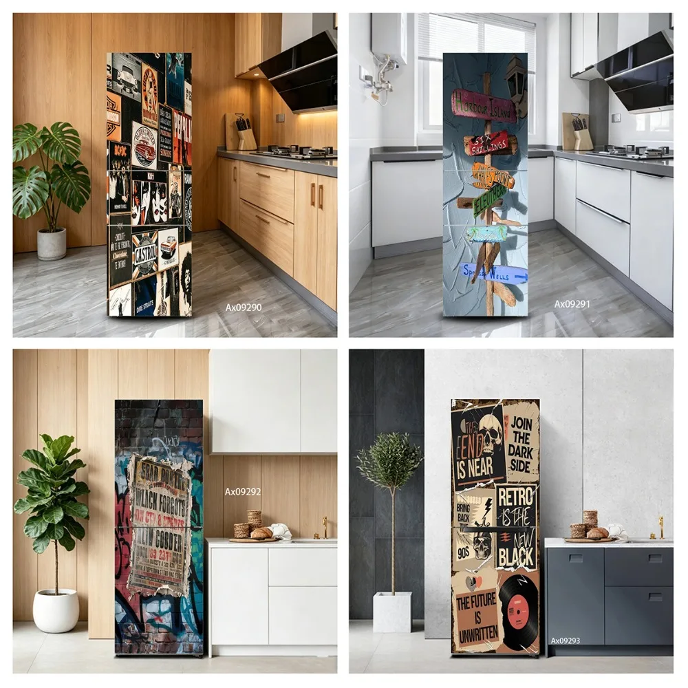 Vintage Mixed‑Label Collage Fridge Door Sticker Upright Fridge Art Wrap Aesthetic Vinyl Sticker for Kitchen Refrigerator Decor