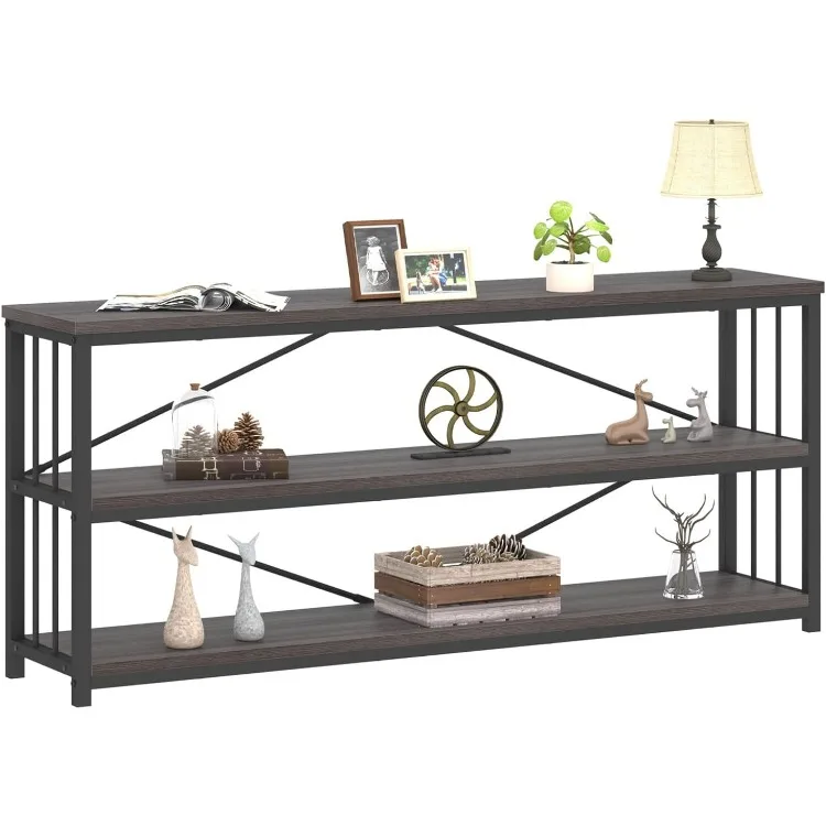 3-Tier Rustic Console Table, Extra Long Entryway Table with Storage, Industrial Skinny Wood Metal Sofa Table with Shelf, Modern