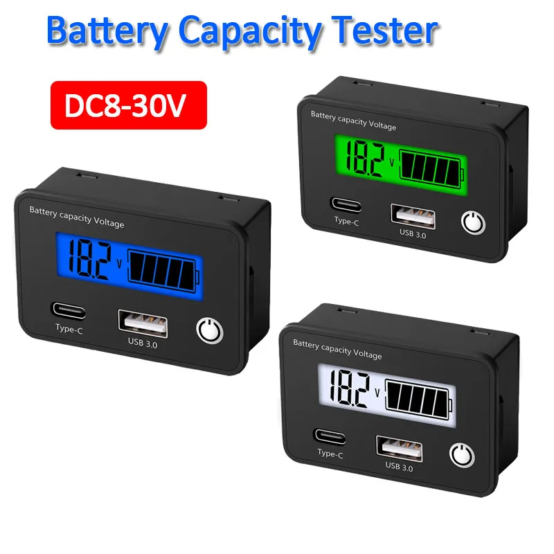 12V 24V Battery Capacity Indicator Lead Acid Lithium Batteries Level Tester Type-C USB DC 8V-30V Universal Digital Voltage Meter