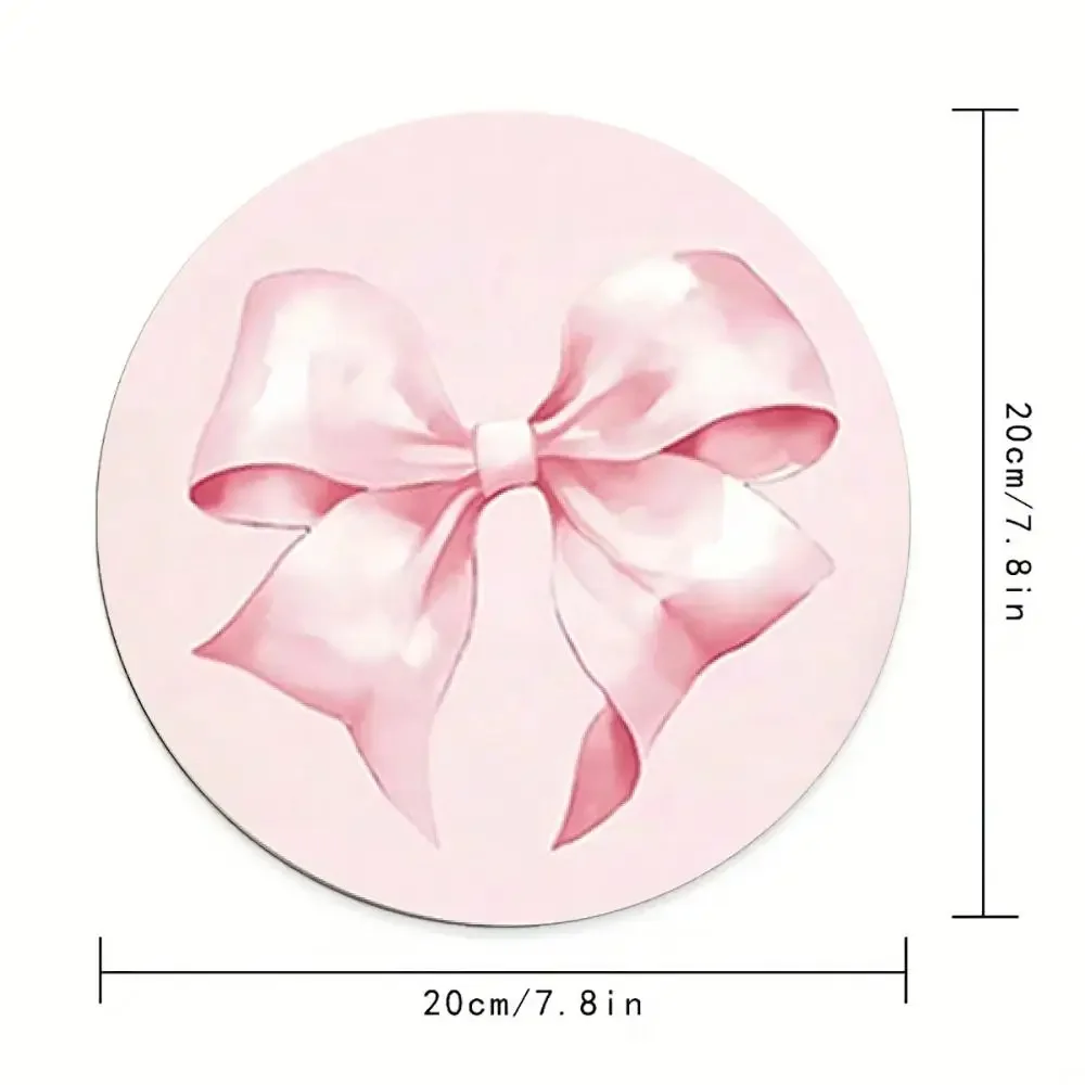 Pink Bow Mouse Pad Round Non Slip Rubber Computer Desk Mat Accessories Office Mouse Mat Playmat Rug Desk Pad