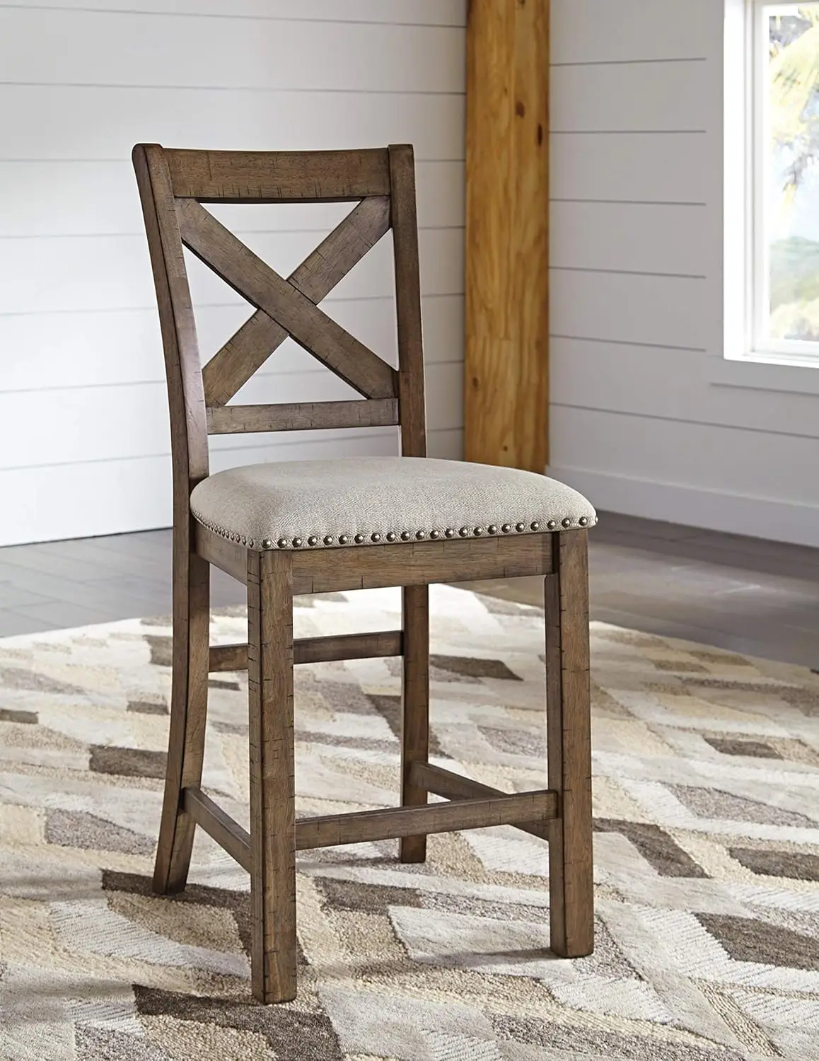 Design by Ashley Moriville Rustic Farmhouse 24.5" Upholstered Barstool, 2 Count, Beige & Brown