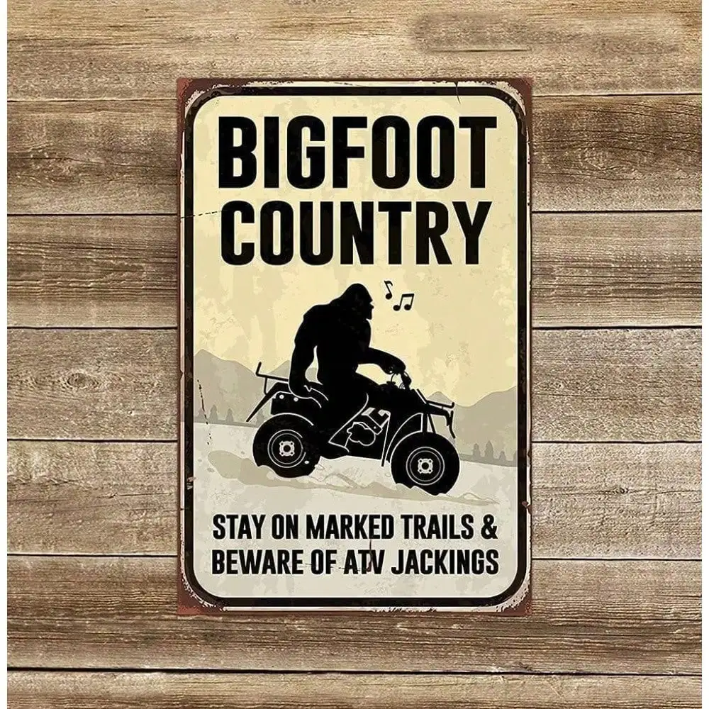 Funny Sasquatch Metal Sign, Vintage Bigfoot On ATV Quad, Outhouse Decor, Rustic Garage Wall Art Man Cave Home Bar
