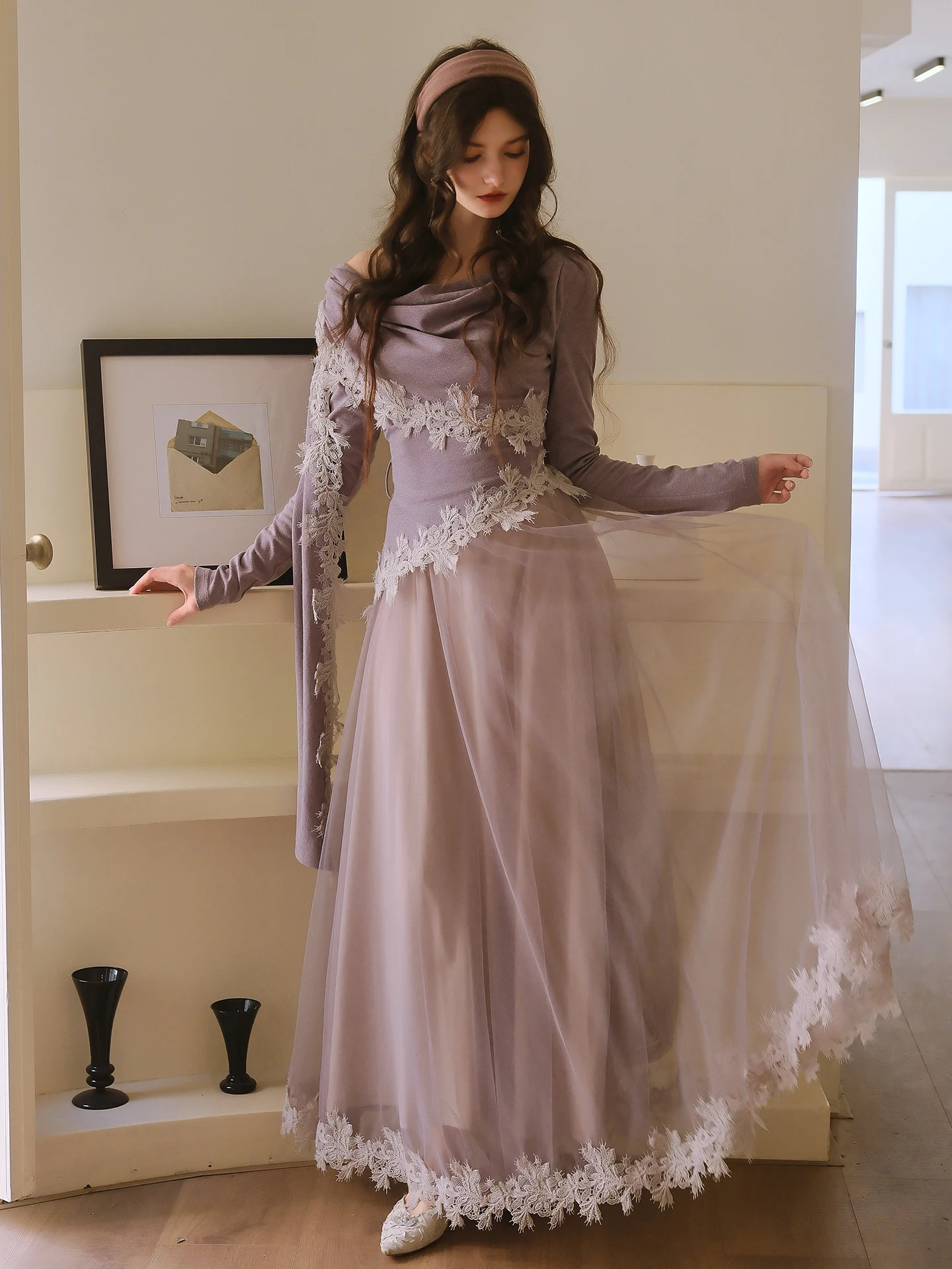 

Comfortable Slim Fit Top with Lace Trim And Net Skirt Set Ele Long Sve Floral Patterned Two Piece Women's Faion Ense...