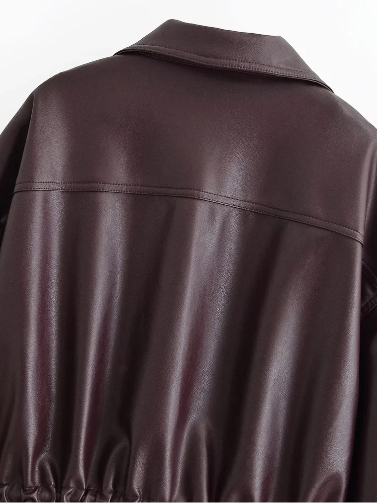 AACHOAE Women Faux Leather Jacket Drawstring Waist Zip Up Utility Short Coat Flap Pocket Casual Streetwear Autumn Outerwear