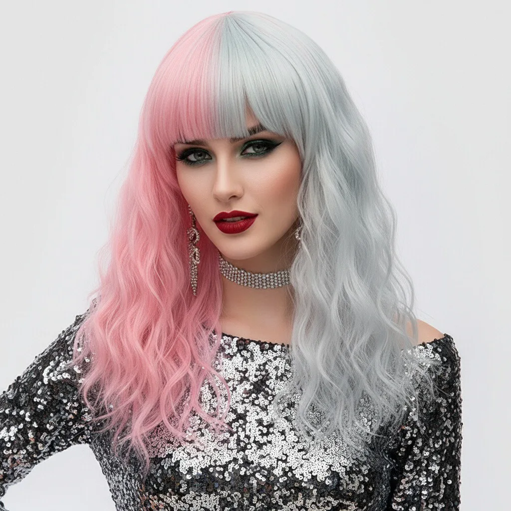 

MSIWIGS Длинный розовый и серый синтетический вьющийся парик для косплея с челкой в стиле боб, двухцветный омбре для женщин, вечерние повседневные головные уборы