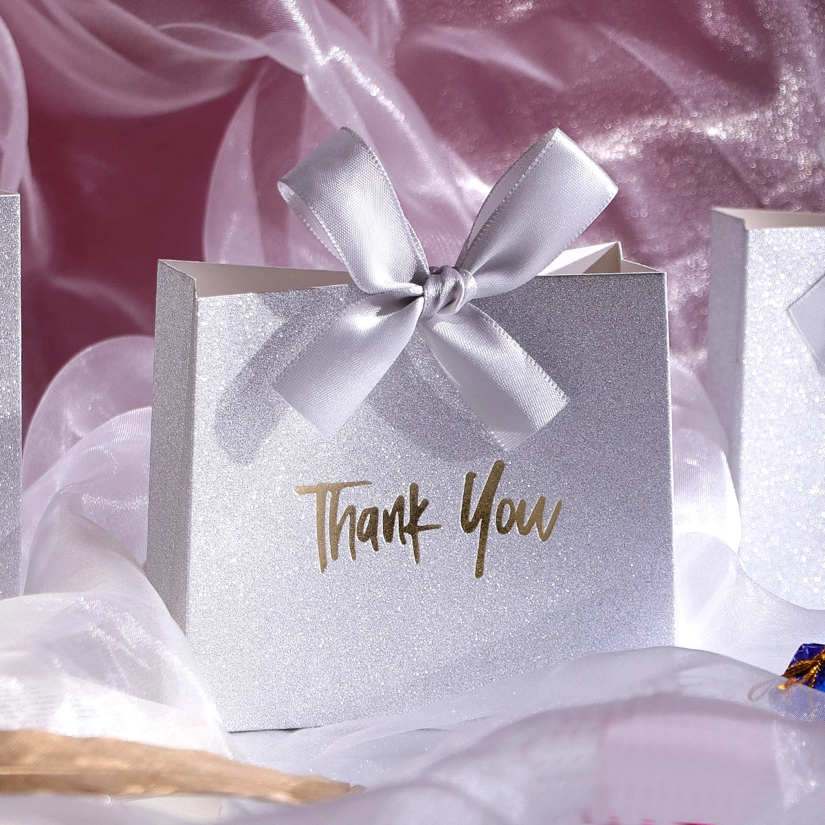 10 Pack Gold and Silver Glitter Thank You Gift Boxes with Ribbons, Mini Candy Boxes, Chocolates and Small Gifts, Glittering Gold